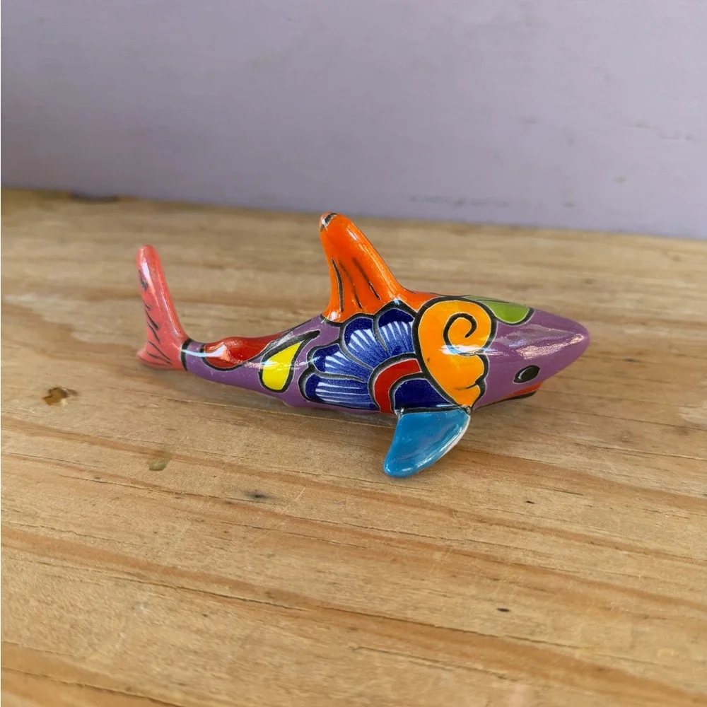 Colorful Talavera Shark Figurine - Purple, Orange, Blue